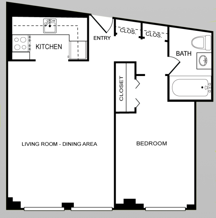 Floor plan for 1 bed, 1 bath, 575 sqft
